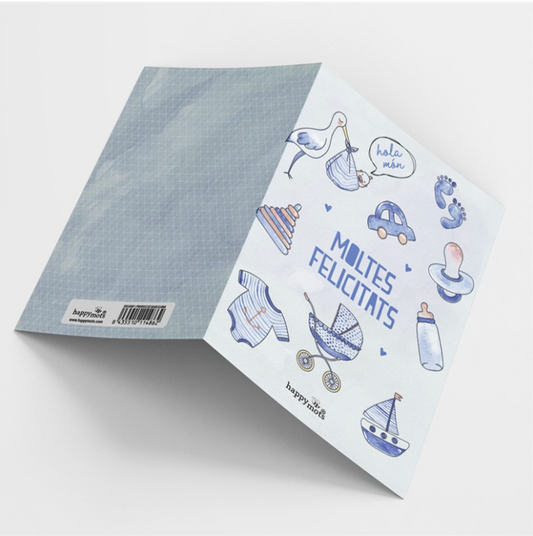 Postal HOLA MÓN. MOLTES FELICITATS blau - Happy Mots