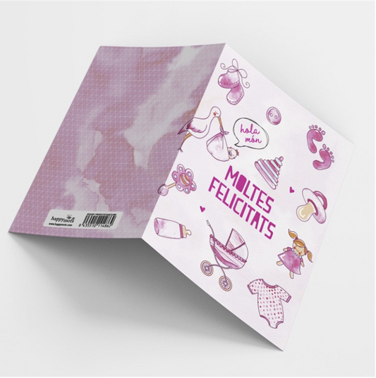 Postal HOLA MÓN. MOLTES FELICITATS rosa - Happy Mots