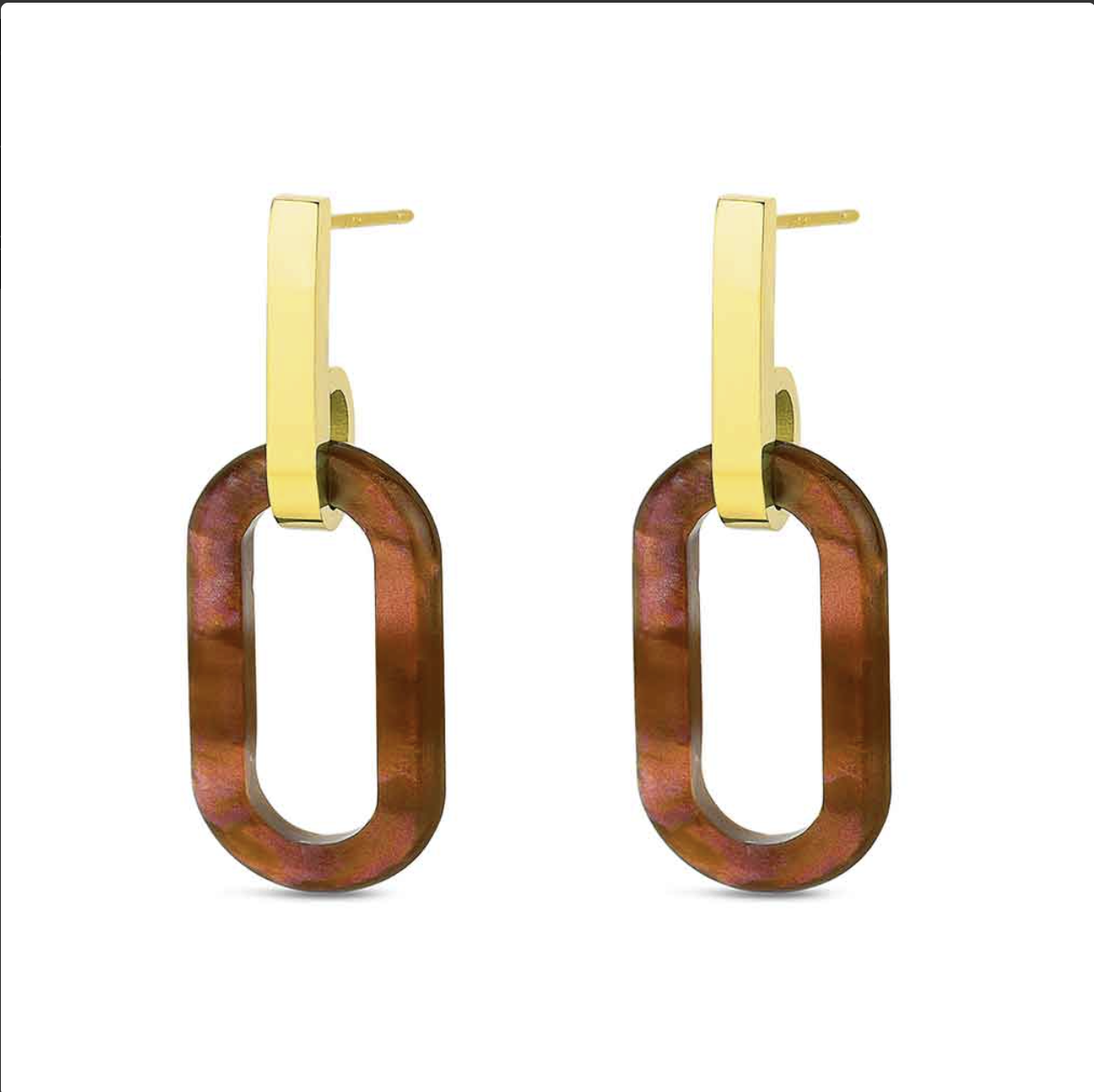 Pendientes de acero 316 chapado 18 kt resina color ámbar 37 mm presión waterproof