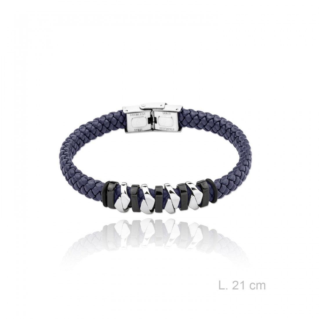 Pulsera Acero Cuero Trenzado Diseño Azul