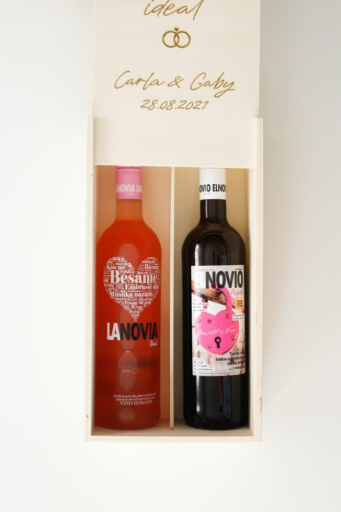 CAJA DE VINO EL NOVIO PERFECTO Y LA NOVIA IDEAL PERSONALIZADA- Be Love