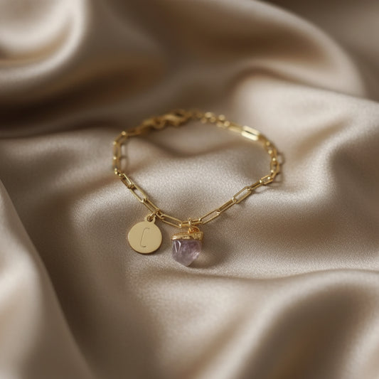 Pulsera de Plata con Inicial y Piedra Cuarzo Rosa en cajita "NO PUEDO DAR EL SÍ SIN TENERTE A MI LADO"-Be Love