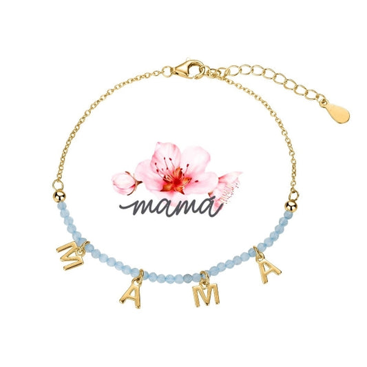 Pulsera Mamá Piedras Azules-Plata Chapado Oro