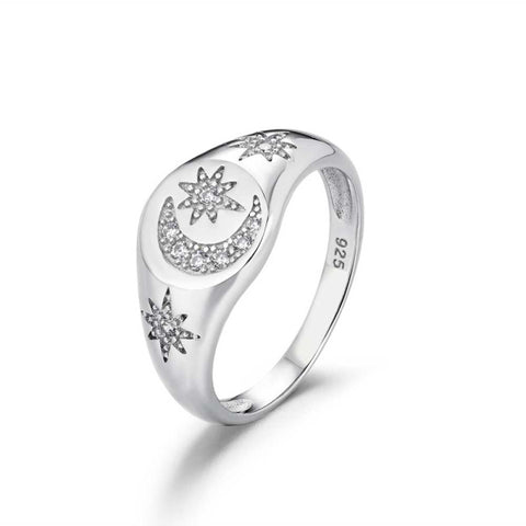 Anillo Sello Luna y Estrellas-Plata 925