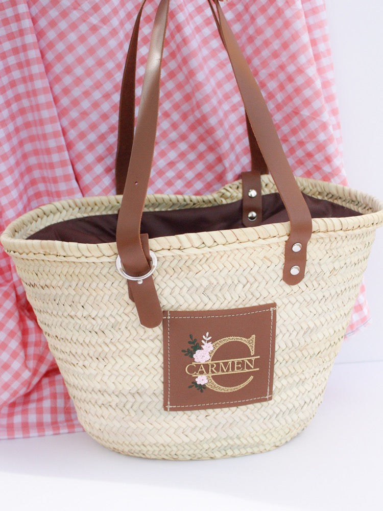 Capazo Personalizado Con Nombre Bordado Flores