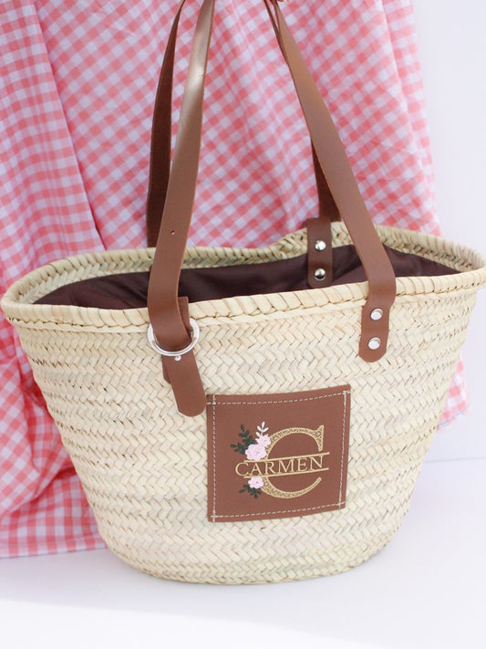 Capazo Personalizado Con Nombre Bordado Flores