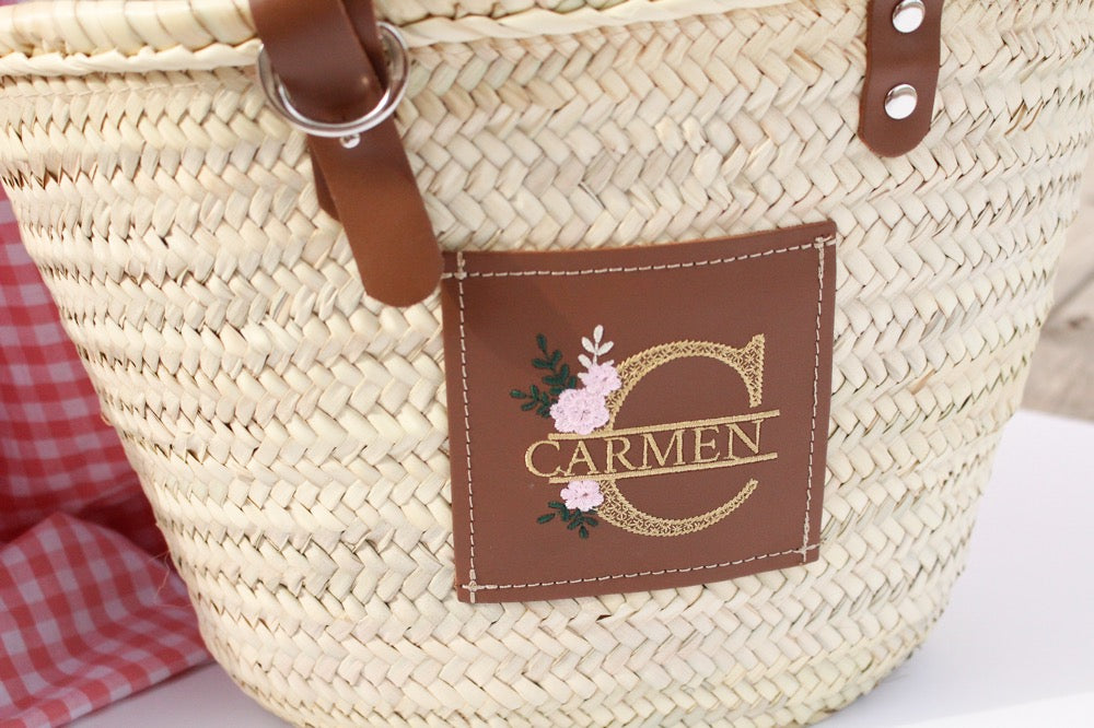 Capazo Personalizado Con Nombre Bordado Flores