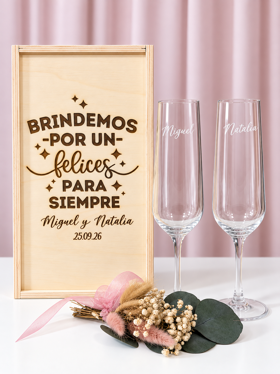 Copas de Cava Personalizadas Con Caja de Madera Brindemos por un Felices para Siempre-Be Love