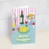 Postal: Muchas Felicidades (dibujo mesa puesta) - HAPPY MOTS