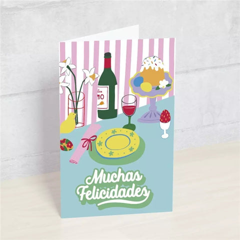 Postal: Muchas Felicidades (dibujo mesa puesta) - HAPPY MOTS