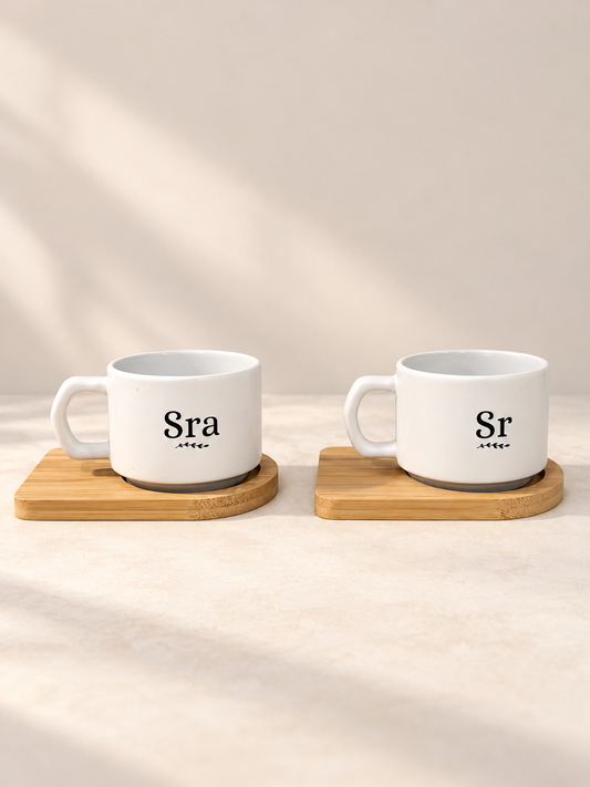 Tazas de café con Plato de Madera Sr & Sra - Be Love