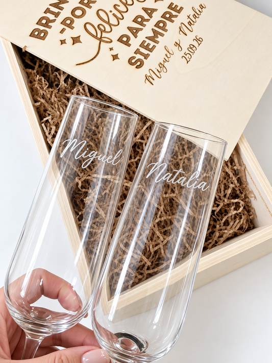 Copas de Cava Personalizadas Con Caja de Madera Brindemos por un Felices para Siempre-Be Love