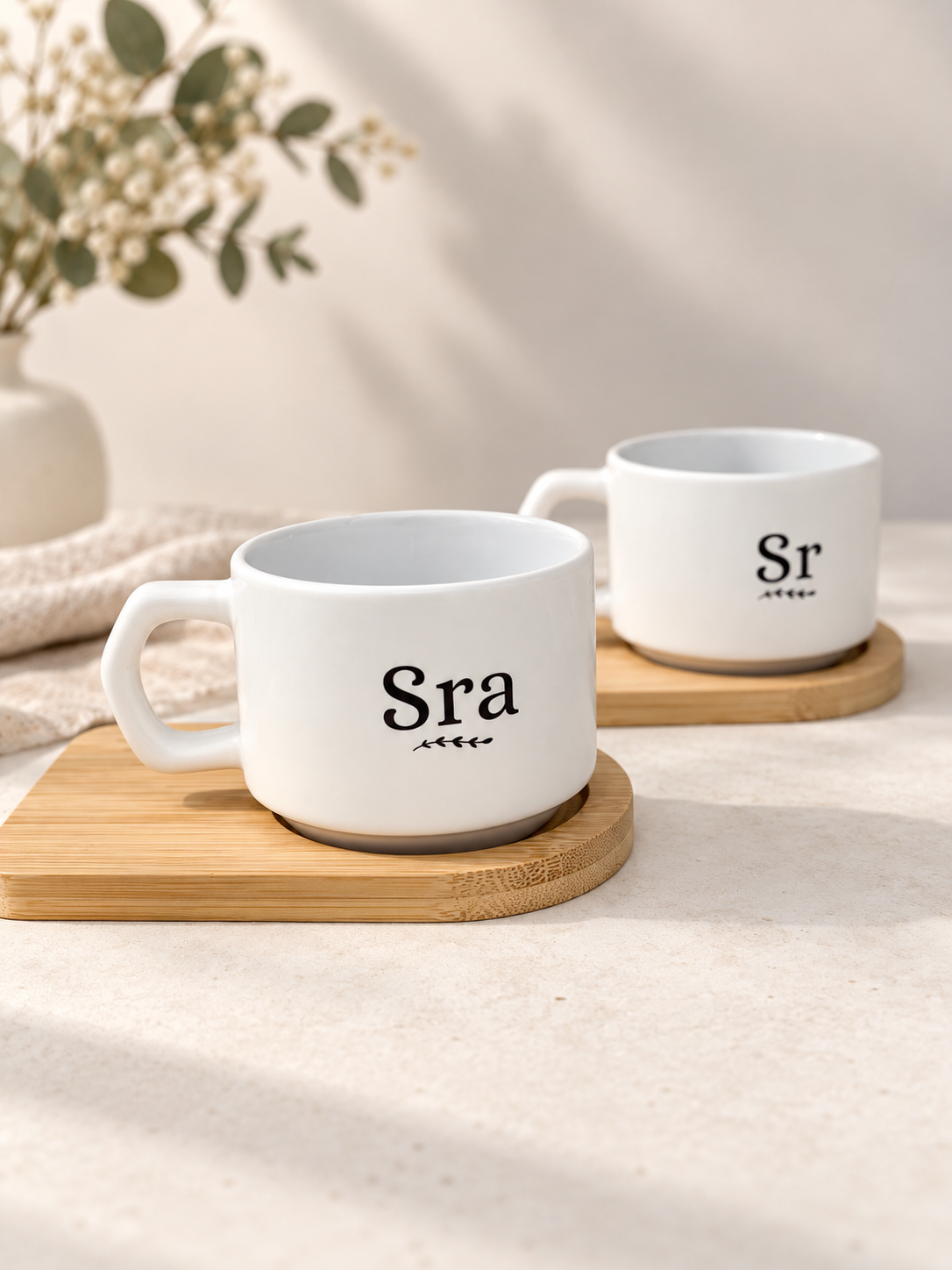 Tazas de café con Plato de Madera Sr & Sra - Be Love