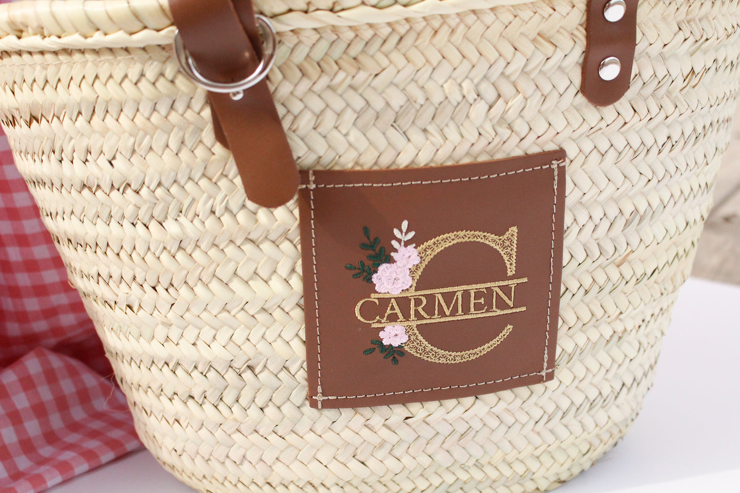 Capazo Personalizado Con Nombre Bordado Flores