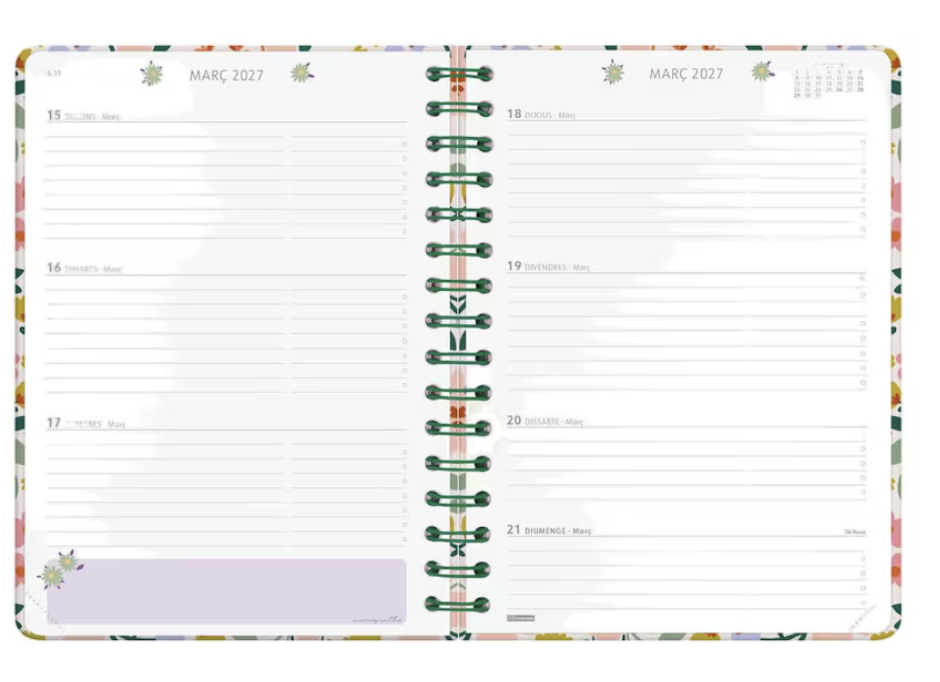 Agenda curso 2026-2027 Moniquilla E10-155x212 mm semana vista horizontal Finocam verde.
