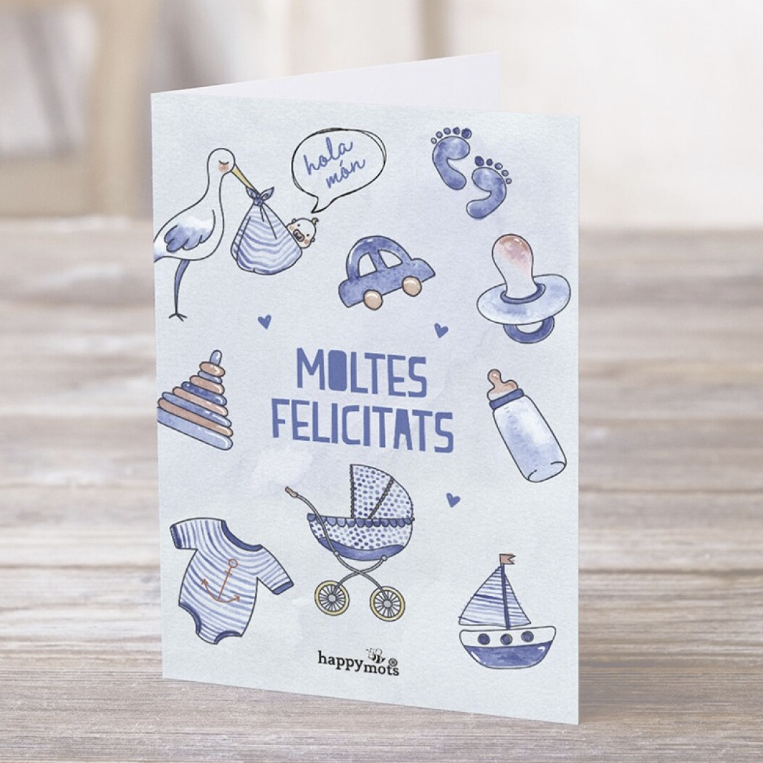 Postal HOLA MÓN. MOLTES FELICITATS blau - Happy Mots