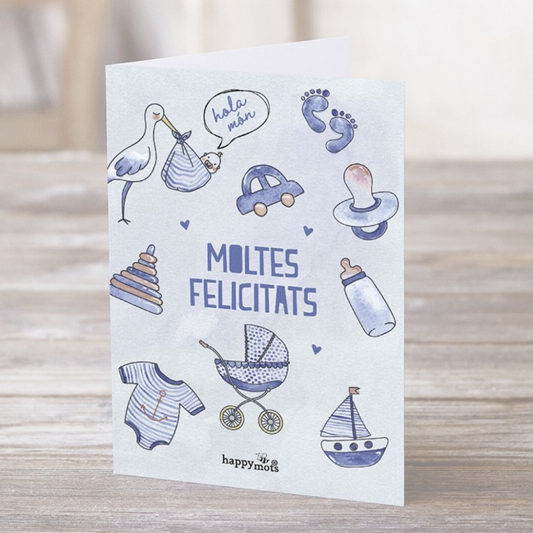Postal HOLA MÓN. MOLTES FELICITATS blau - Happy Mots