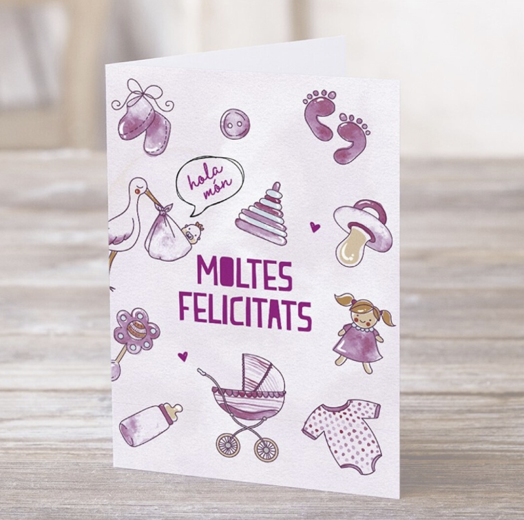 Postal HOLA MÓN. MOLTES FELICITATS rosa - Happy Mots