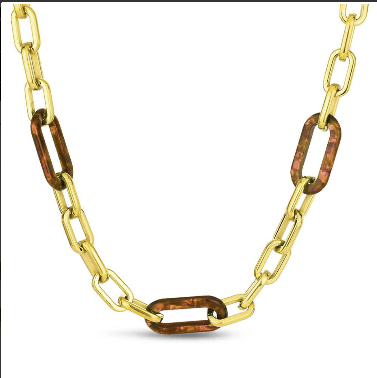 Collar de acero 316 chapado 18 kt resina color ámbar 41 + 5 cm waterproof