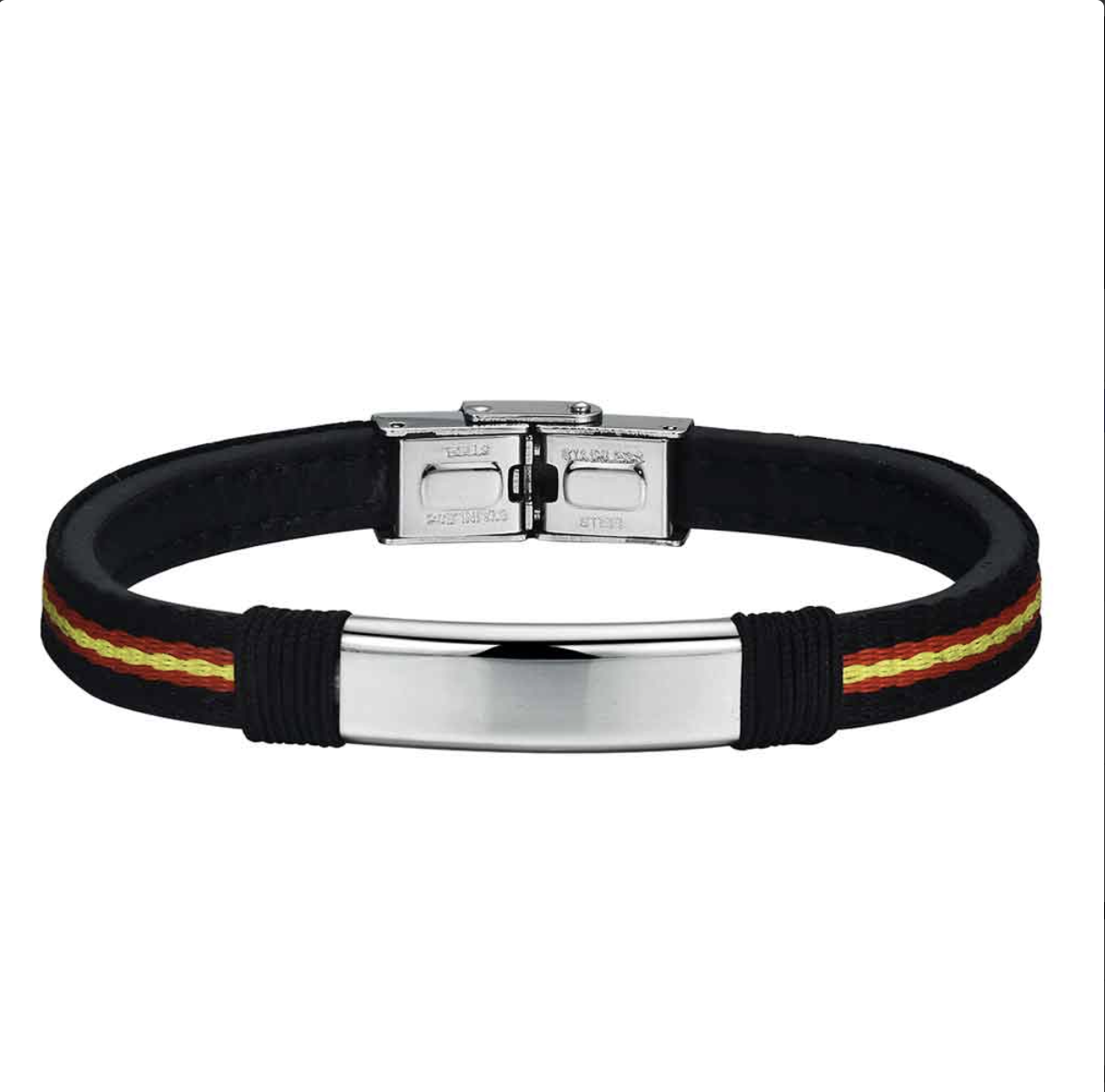 Pulsera de acero caballero España chapal lisa cuero con bandera en el centro 8 mm 21.5 cm