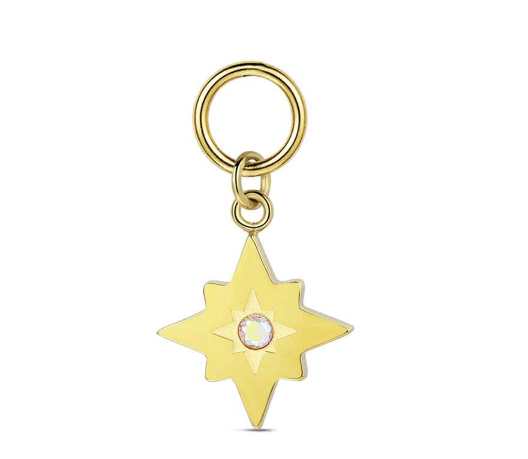 Charm de acero 316 chapado 18 kt estrella polar con cristal waterproof 11.5 mm