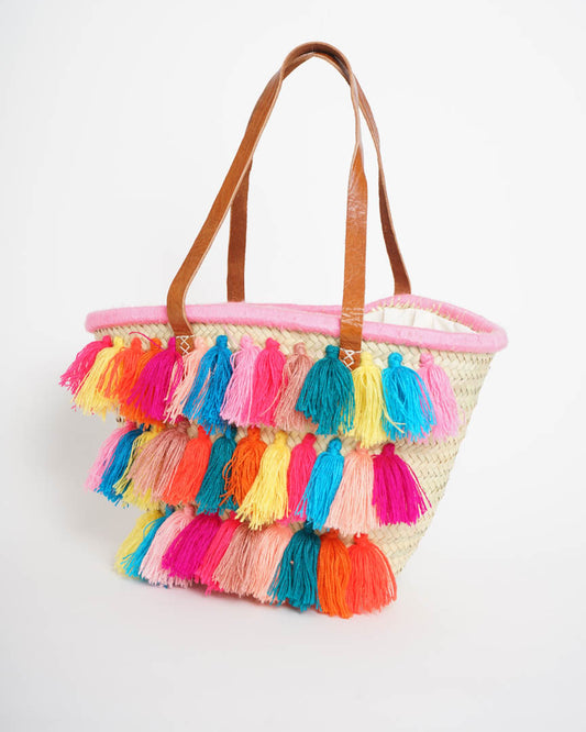 Capazo de Palma Natural con Asas de Piel y Borlas Multicolor Hilo
