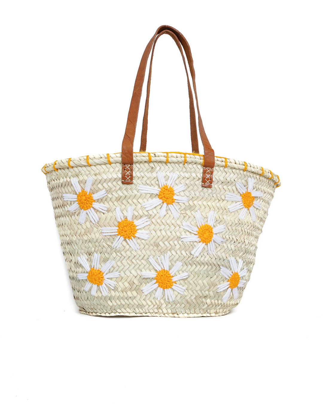 Capazo Margaritas de Palma Natural y Lana – Asa de Piel