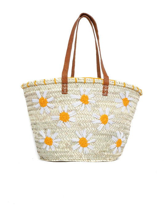 Capazo Margaritas de Palma Natural y Lana – Asa de Piel