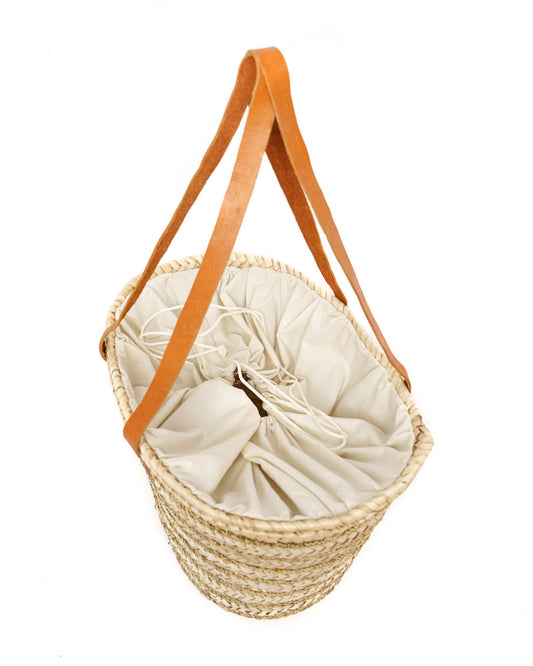 Capazo de Palma Natural con Asas de Piel y Lentejuelas Doradas