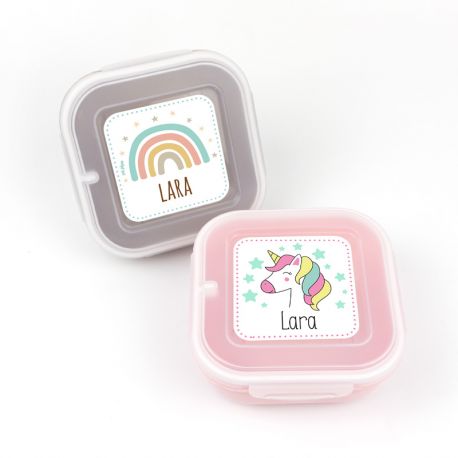Pack 2 Fiambreras herméticas personalizadas, Arcoíris y Unicornio, color Topo y Rosa- Mi Pipo