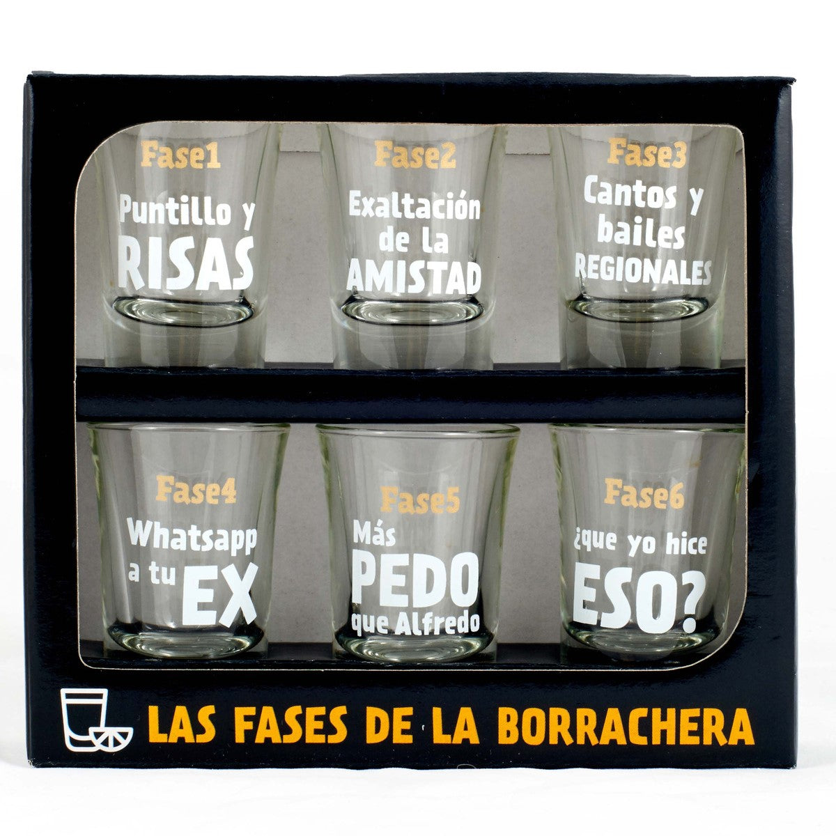 Pack 6 vasos de chupito FASES DE LA BORRACHERA - MILIMETRADO