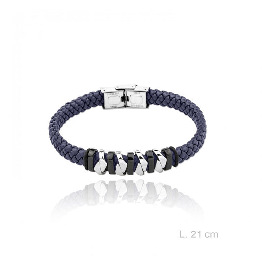 Pulsera Acero Cuero Trenzado Diseño Azul