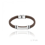 Pulsera Acero Cuero Trenzado Marrón