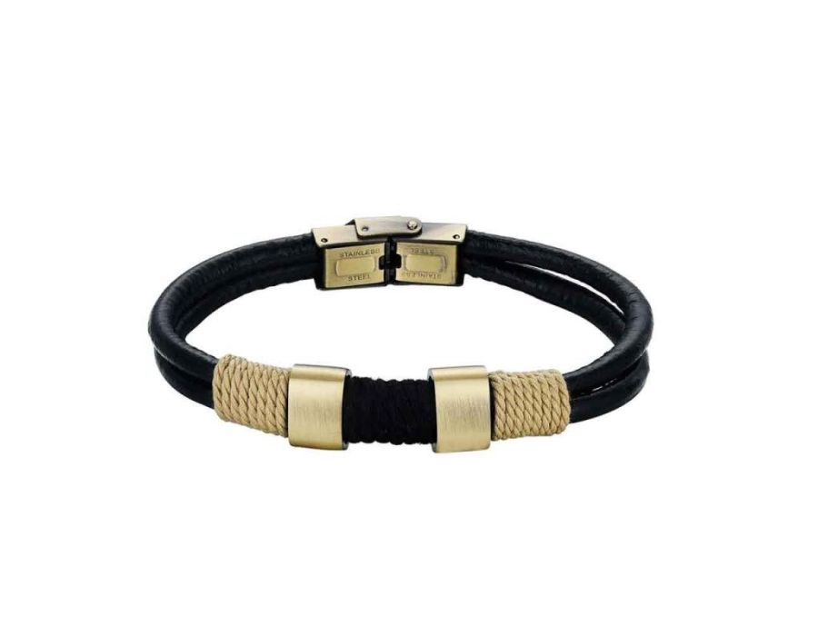 Pulsera de Caballero Acero Dorado y Cuero 8 mm - Mr Jewel