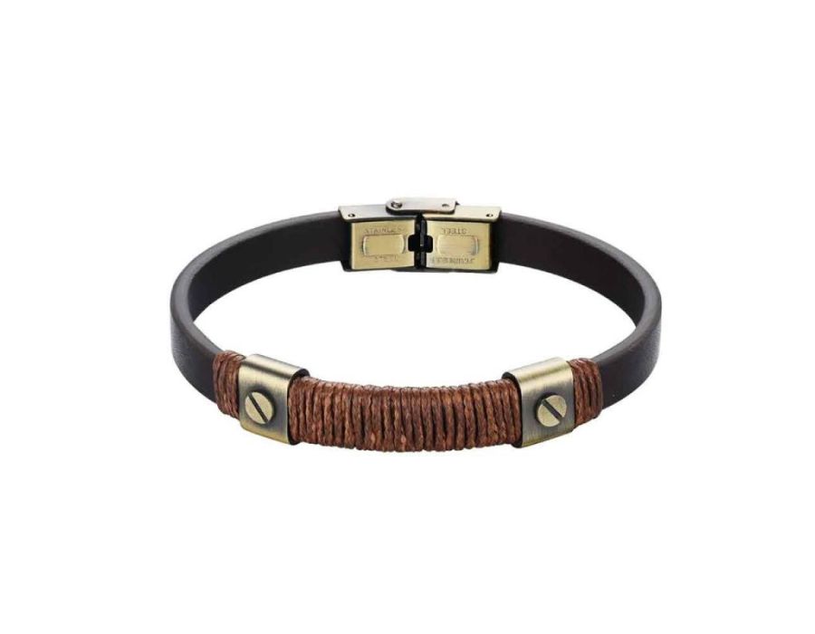 Pulsera de Caballero Acero dorado y Cuero Marrón 8 mm - Mr Jewel