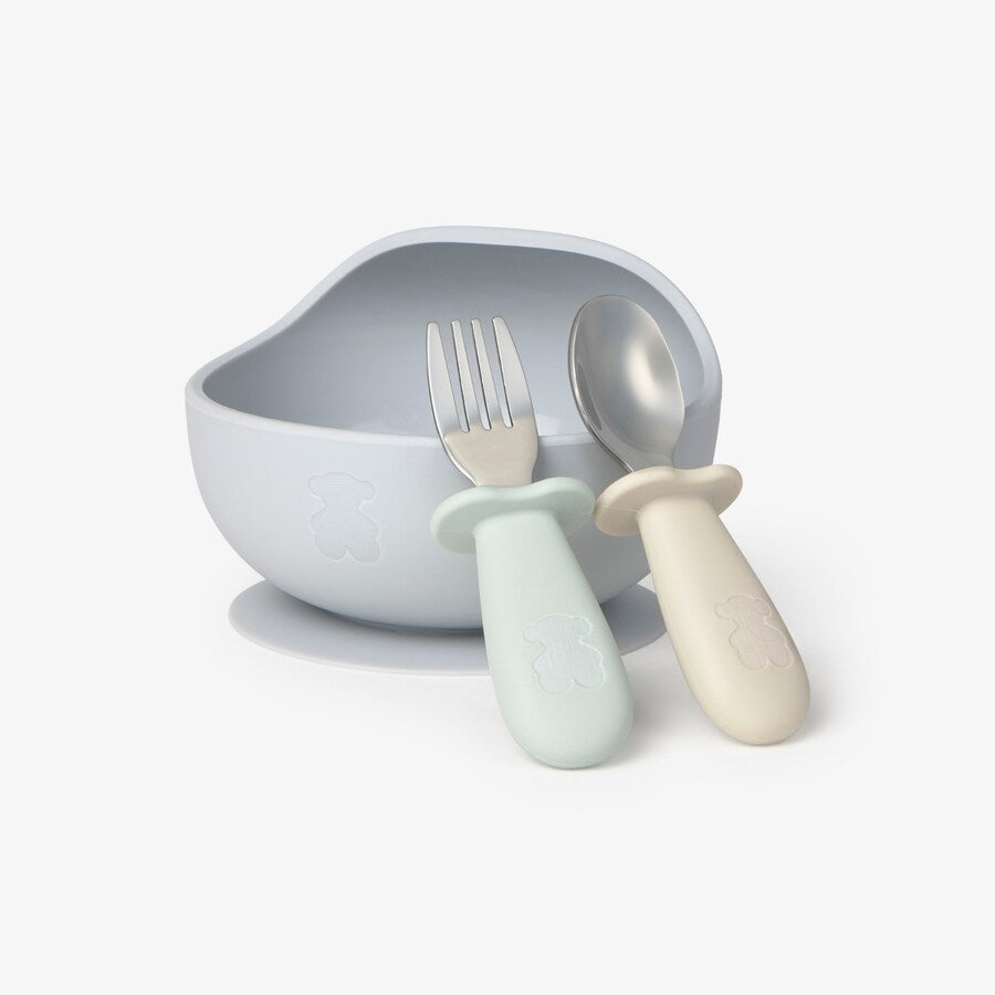 Set de Bowl y Cubiertos Azul de Silicona y Acero Inoxidable - TOUS BABY