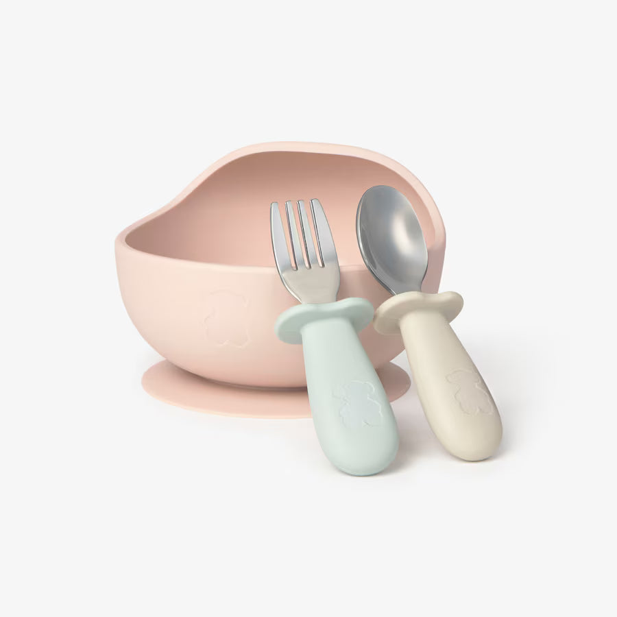 Set de Bowl y Cubiertos Rosa de Silicona y Acero Inoxidable - TOUS BABY