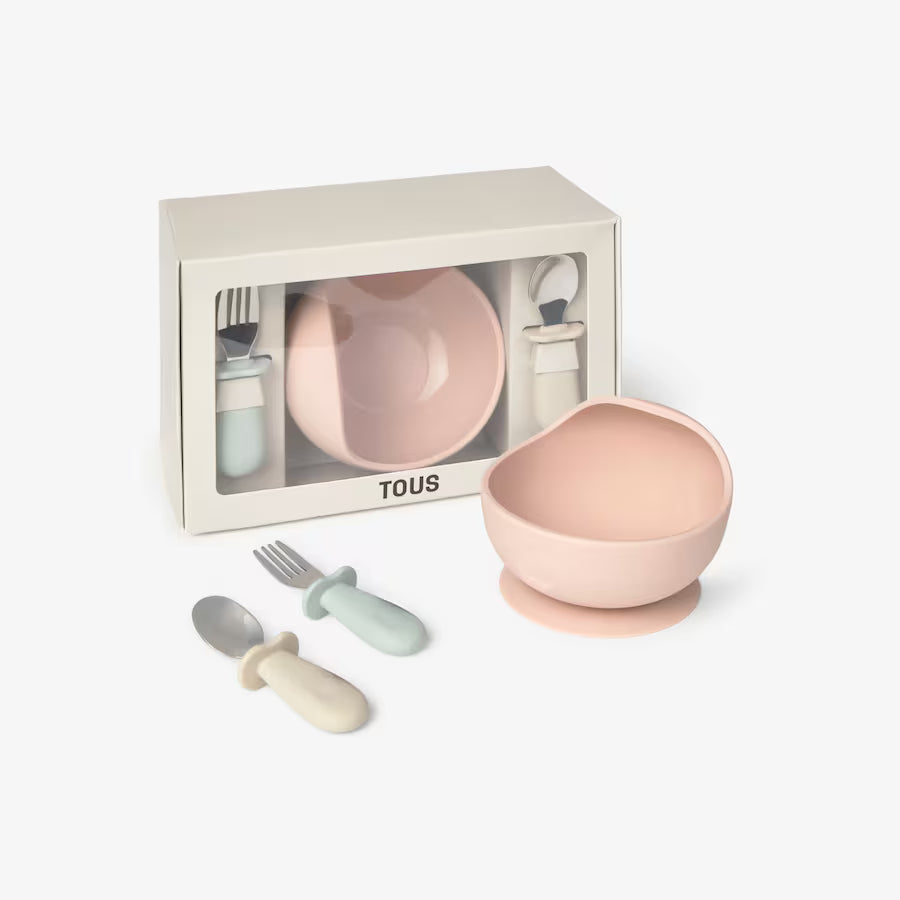 Set de Bowl y Cubiertos Rosa de Silicona y Acero Inoxidable - TOUS BABY