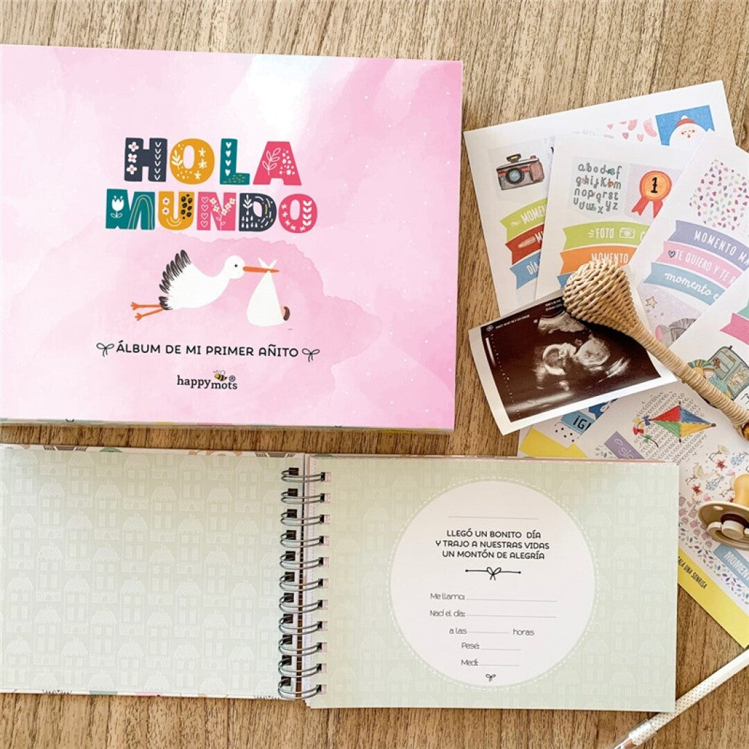 Álbum Bebé NIÑA "Hola Mundo", mi primer añito- Happymots