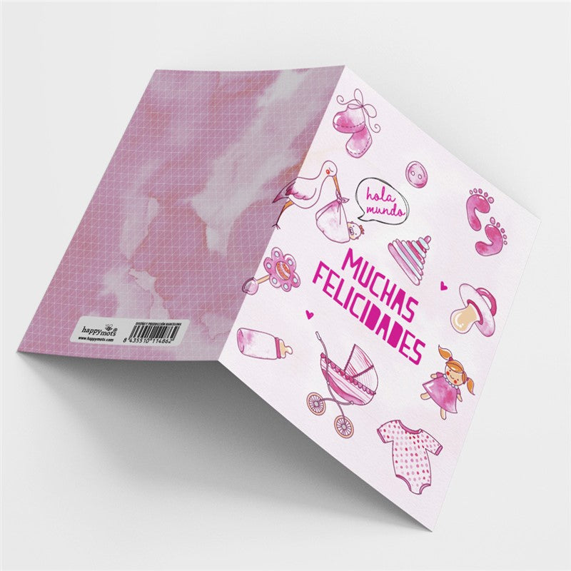 Postal - Hola Mundo. Muchas Felicidades (Rosa)
