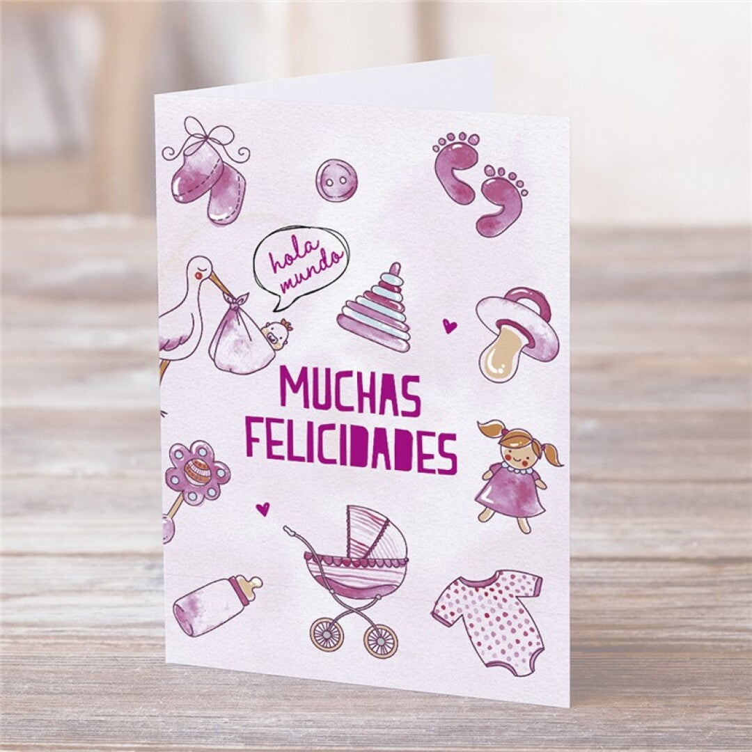 Postal - Hola Mundo. Muchas Felicidades (Rosa)