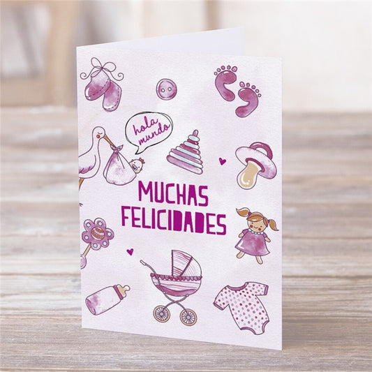 Postal - Hola Mundo. Muchas Felicidades (Rosa)