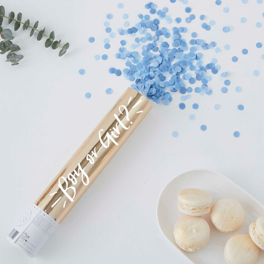 Cañón de confeti para revelación de género con confeti azul- ¡ES UN NIÑO!