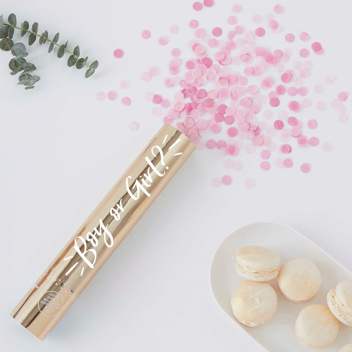 Cañón de confeti para revelación de género con confeti rosa- ¡ES UNA NIÑA!