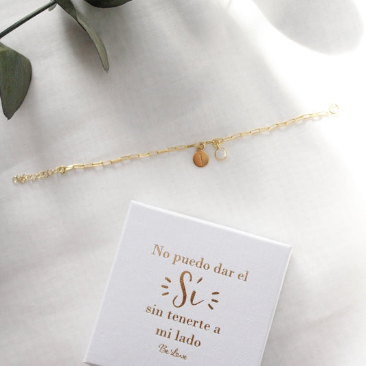 PULSERA DE PLATA CON INICIAL EN CAJITA “NO PUEDO DAR EL SÍ SIN TENERTE A MI LADO”
