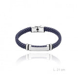 Pulsera Acero Cuero Trenzado Azul Placa