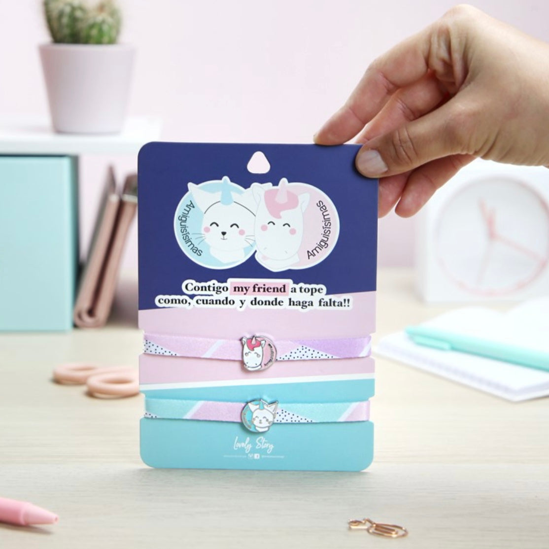 Pack de 2 Pulseras con Charm Gato y Unicornio CONTIGO MY FRIEND MUY A TOPE - Lovely Story