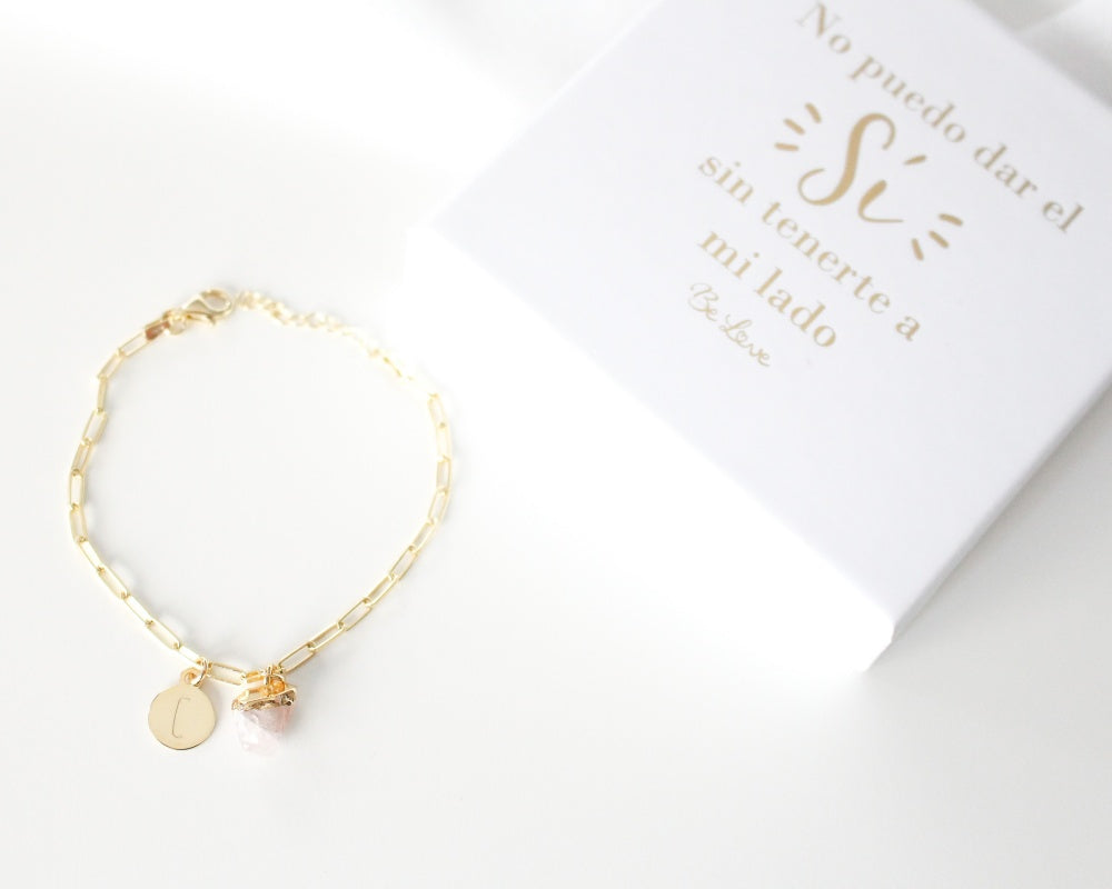 Pulsera de Plata con Inicial y Piedra Cuarzo Rosa en cajita "NO PUEDO DAR EL SÍ SIN TENERTE A MI LADO"-Be Love