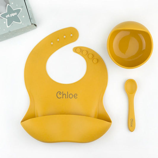 Vajilla con babero, bol y cuchara de silicona PERSONALIZADA / VARIOS COLORES- MI PIPO
